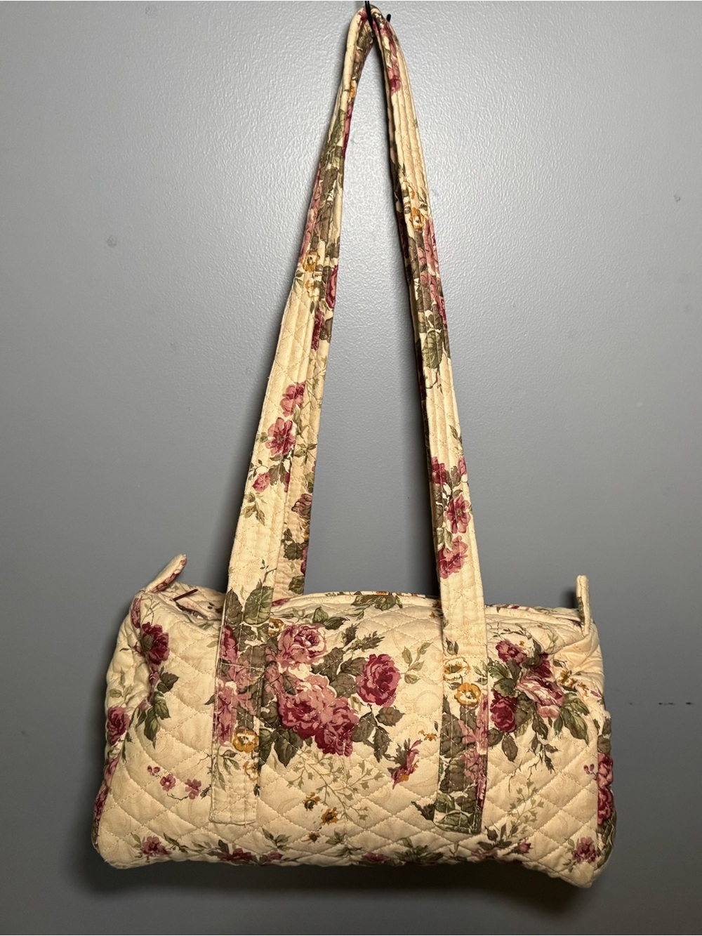 Vintage Quilted Floral Duffel Purse Cottagecore Rose Barrel Bag Cream Pink 13in